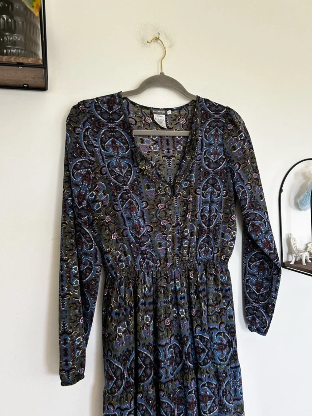 Earthbound Trading Co Long Sleeve V Neck‎ Boho Midi Dress Size Medium